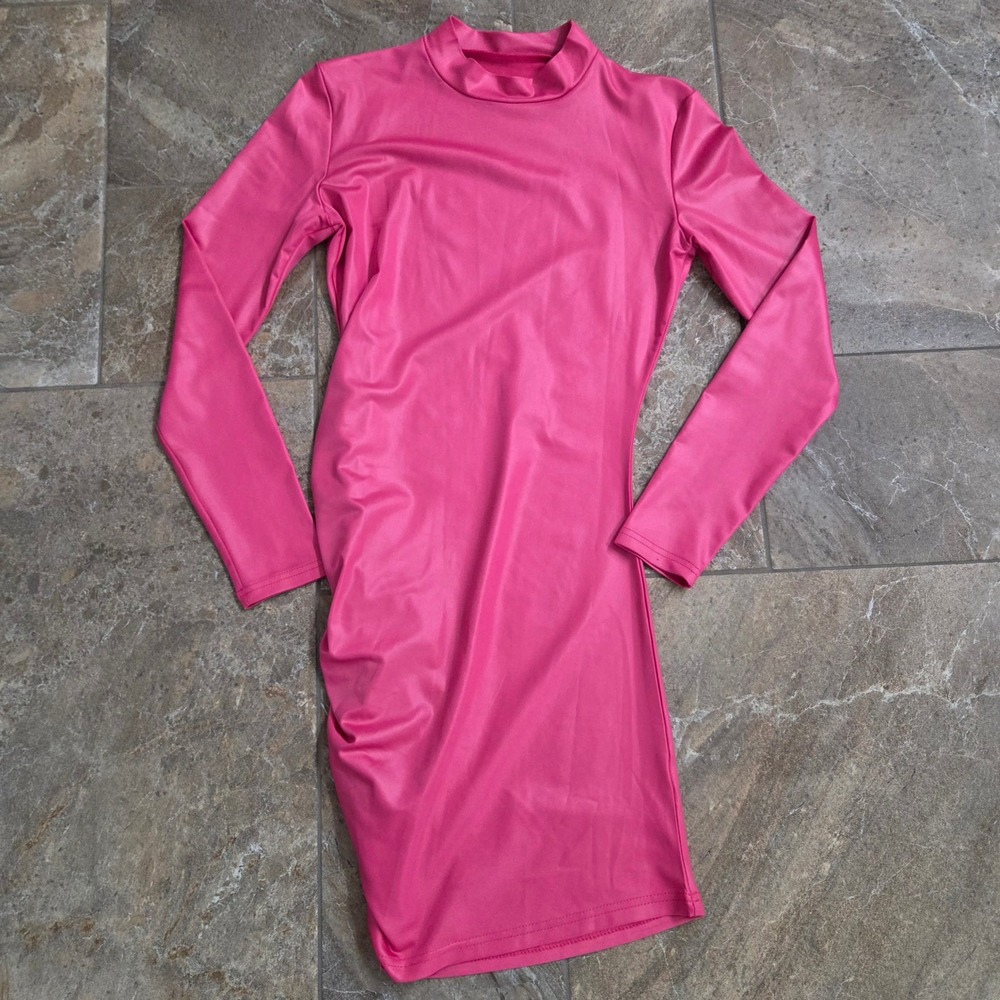 Hot Pink Mock‎ Neck Long Sleeve Ruched Bodycon Mini Dress Womens